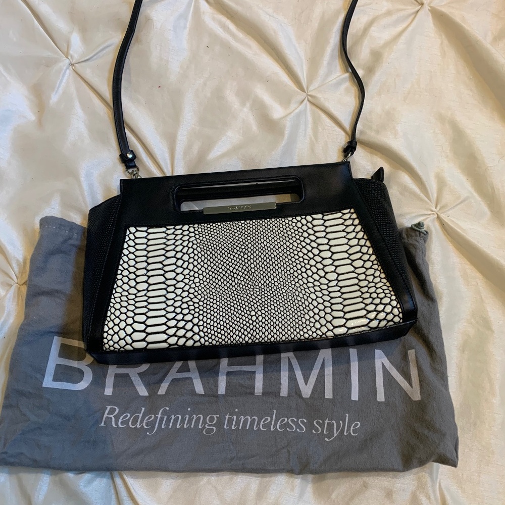 NWOT Brahmin Black/Cream Leather Clutch/Shoulder Handbag